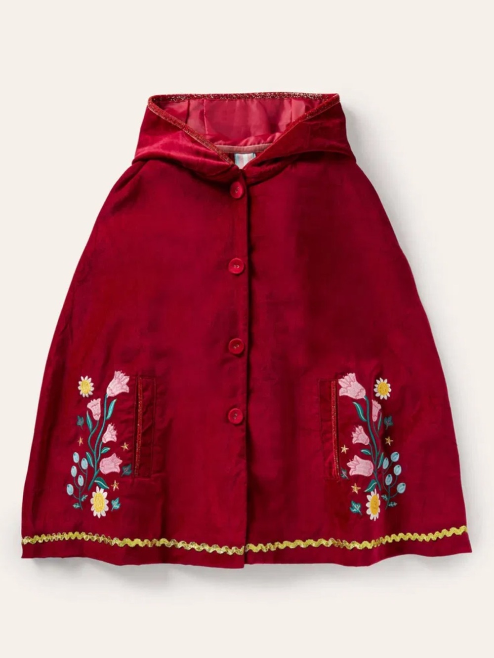 Mini Boden Red Hooded Velvet Cape with Floral Embroidery Small